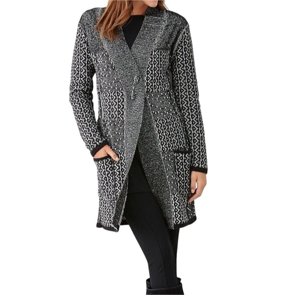 J. Jill Womens Black & White Patchwork Open Front Long Cardigan Sweater Large - Picture 1 of 15